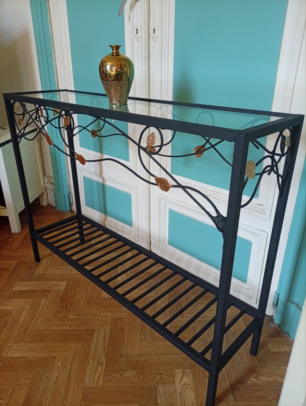 Jolie console en fer forgé et verre. Très chic, Enlèvement, Verre