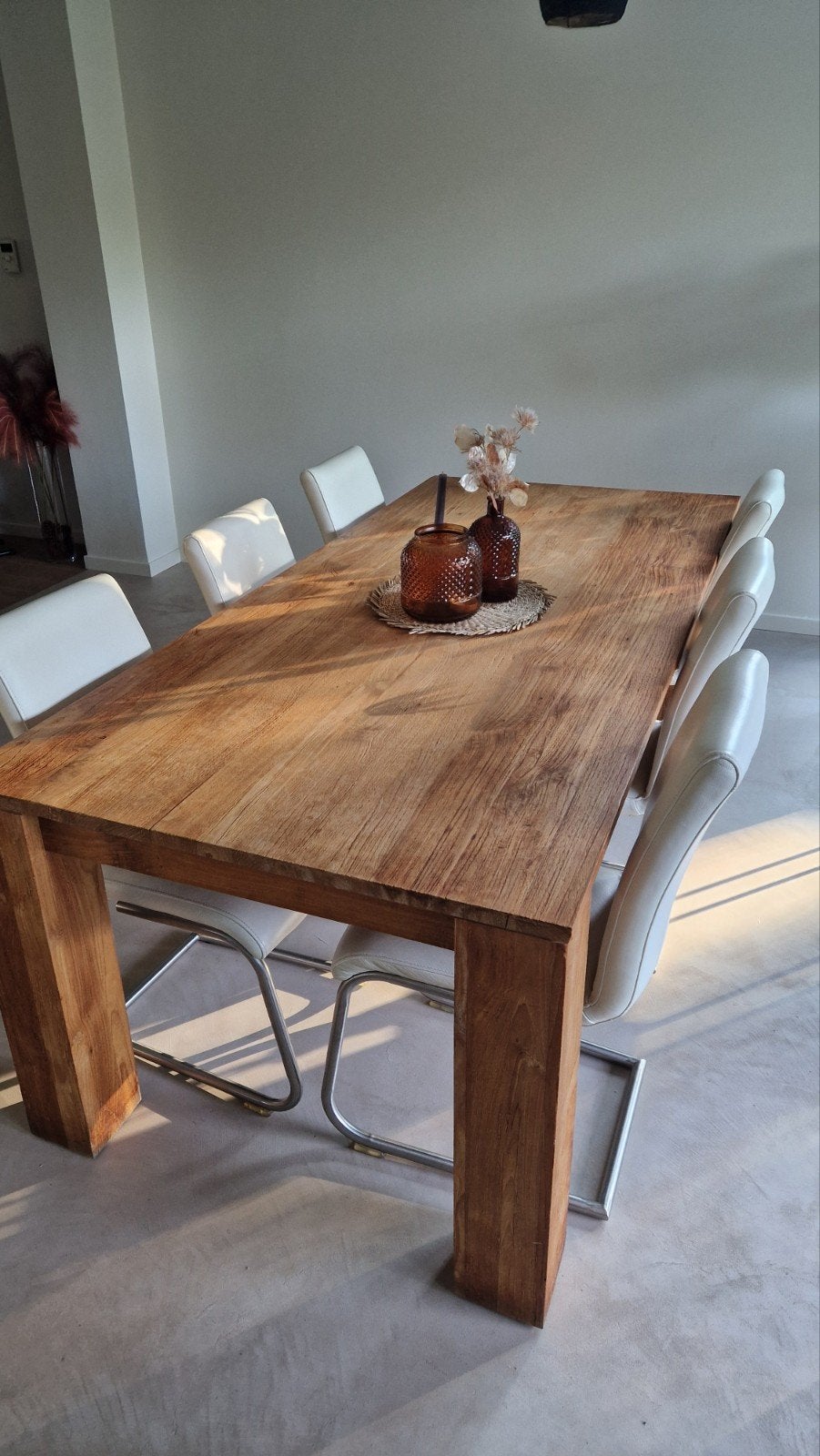 Teakhouten eettafel + 6 lederen stoelen, Ophalen, Teakhout
