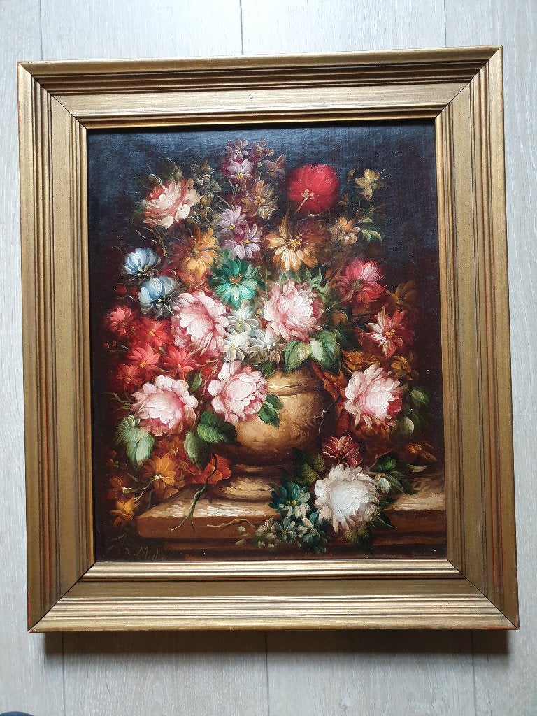 Olieverfschilderij stilleven bloemen, Peinture à l'huile, Signé, Enlèvement, Fleurs