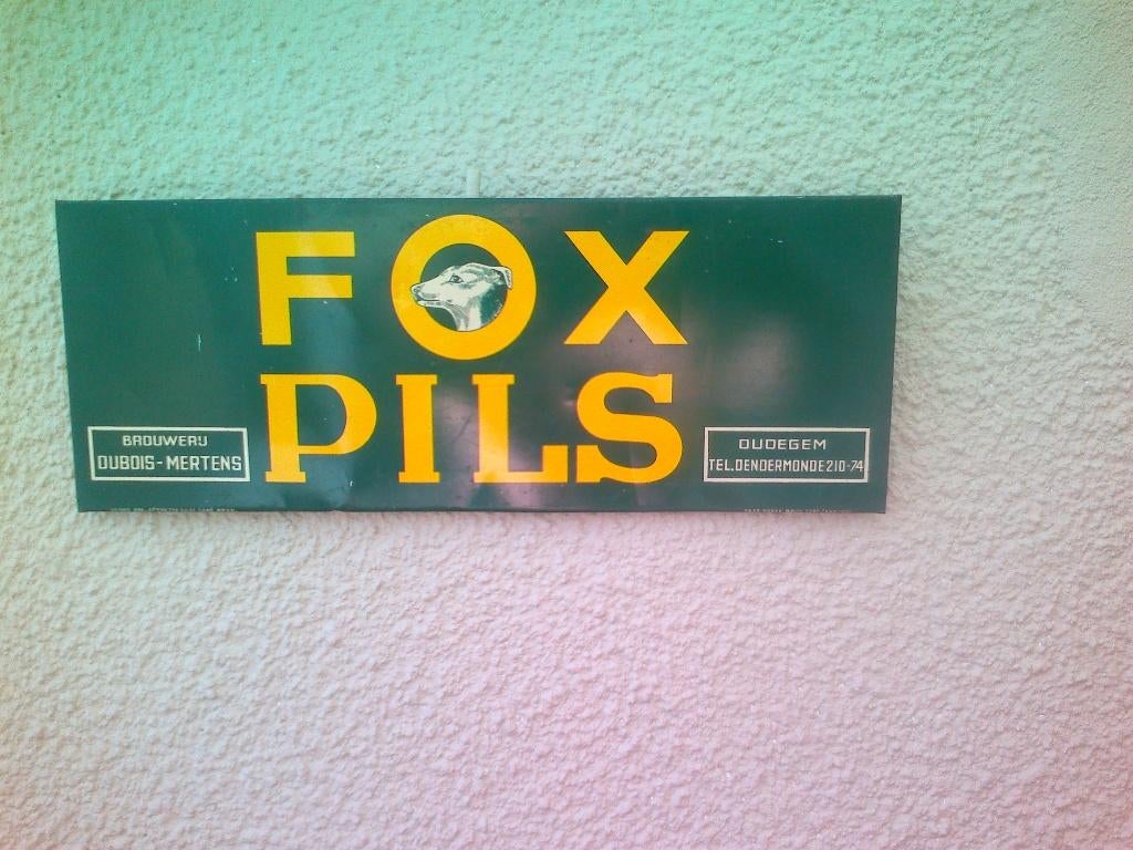 Fox pils Oudegem reclamebordje(1951)., Verzamelen, Ophalen of Verzenden, Gebruikt, Reclamebord, Plaat of Schild, Overige merken