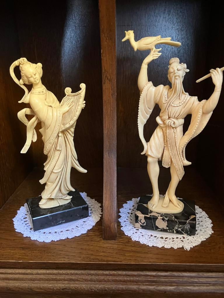 Set van 2 Vintage Aziatische Figurines - Imitatie Ivoor, Ophalen