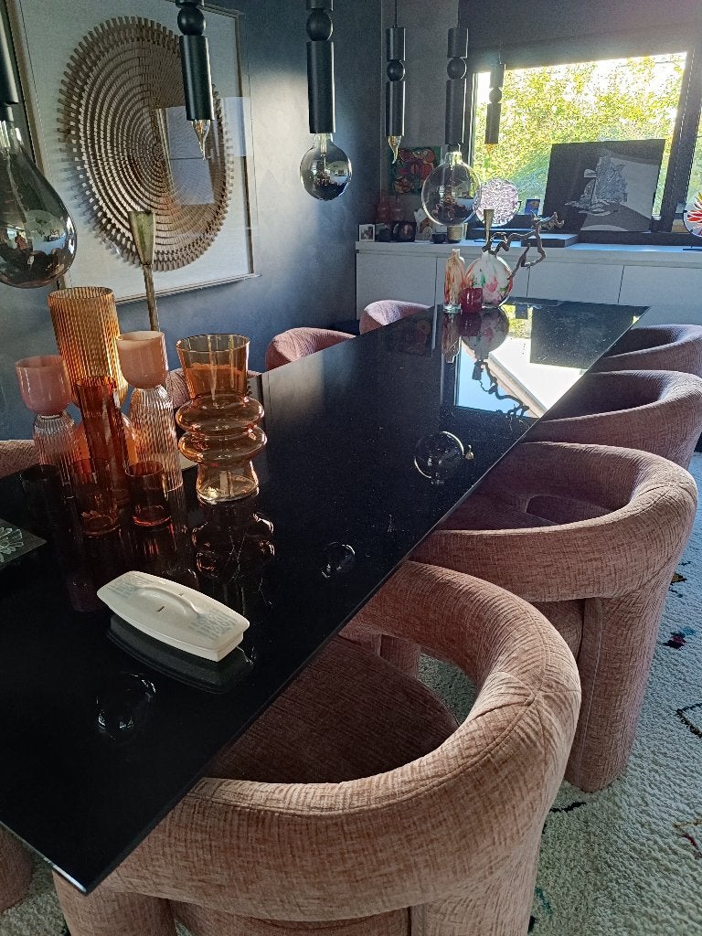 Grote zwarte glazen eettafel te koop, Huis en Inrichting, Ophalen, Gebruikt, 200 cm of meer, 50 tot 100 cm
