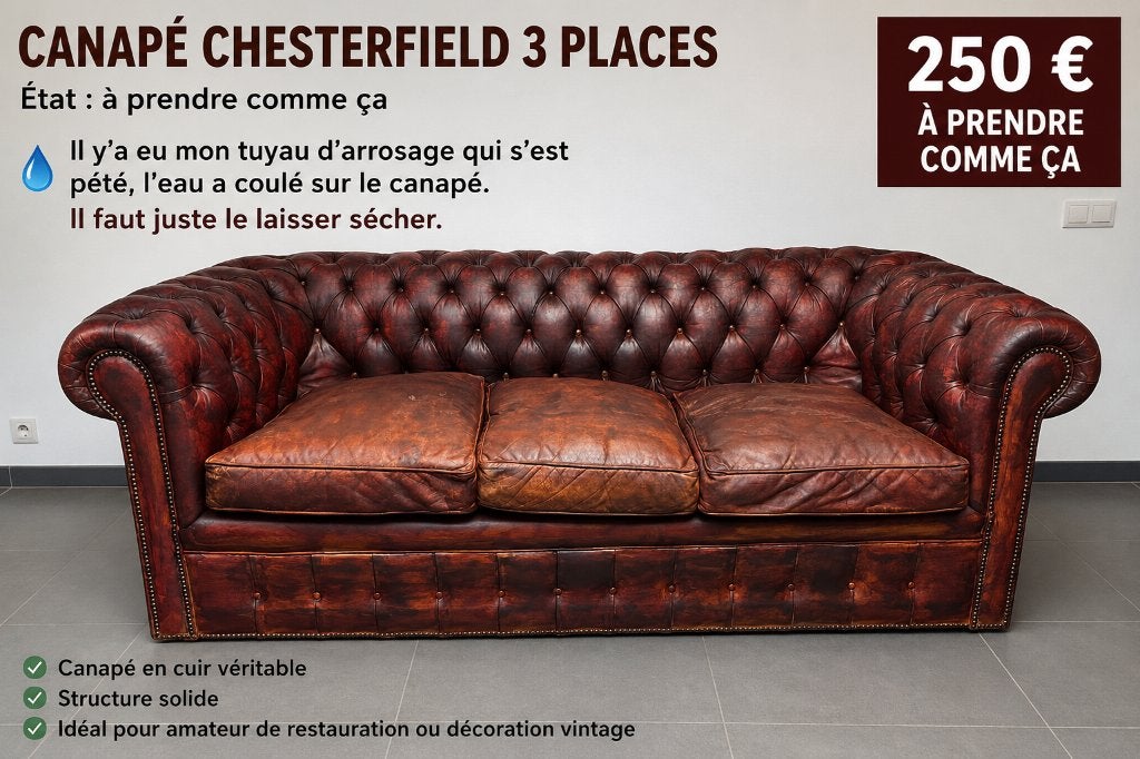 CANAPÉ CHESTERFIELD 3 PLACES – 250 €, Enlèvement