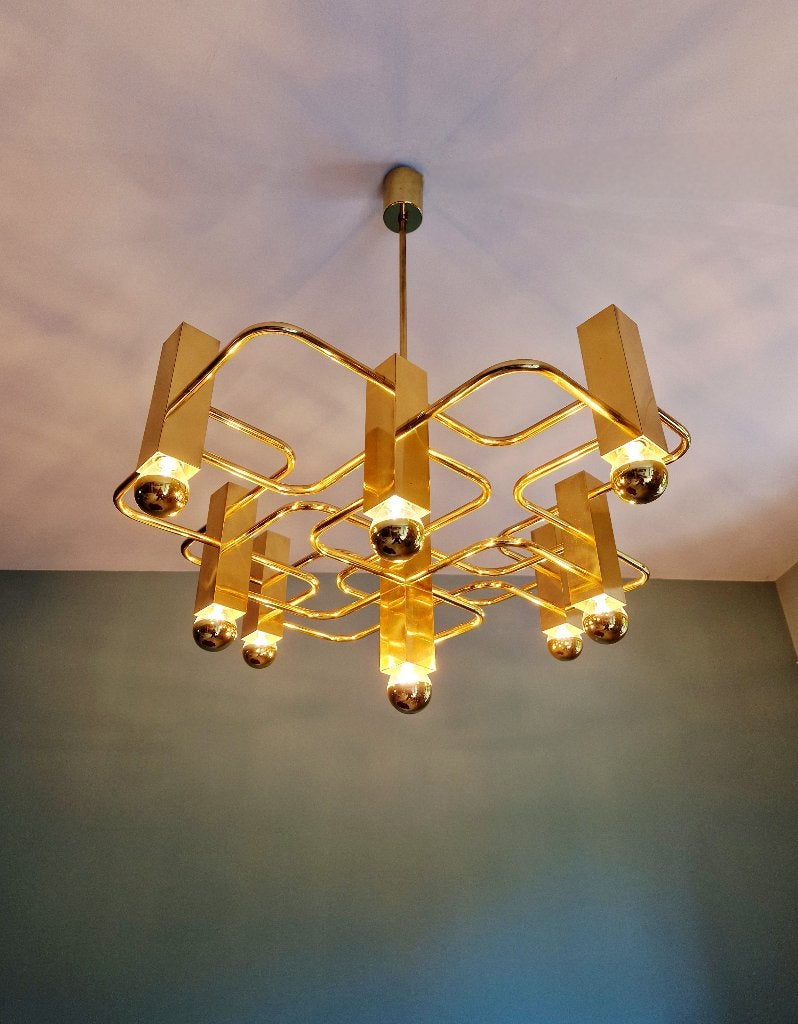 Grand lustre géométrique en laiton, G. Sciolari, 1970, Enlèvement