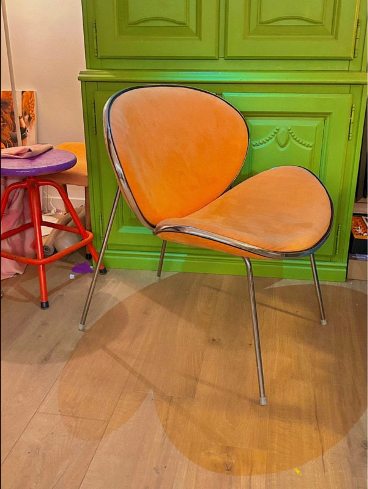 Vintage 70s oranje fauteuil stoel zetel chroom en fluweel, Ophalen, Overige kleuren, Zo goed als nieuw, Metaal