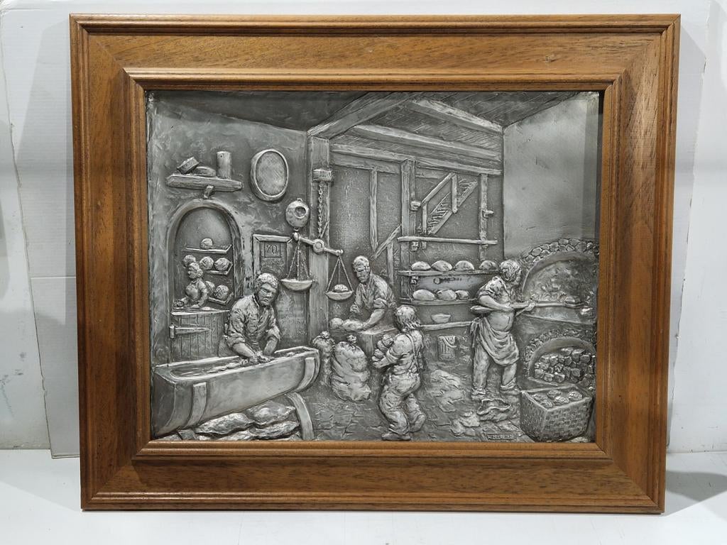 Tinnen Wandbord in houten kader  , bakker , bakkerij brood, Antiek en Kunst, Antiek | Tin, Ophalen of Verzenden