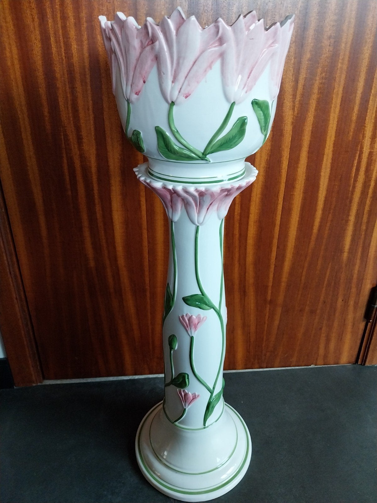 oude jardenniere plantenzuil met bloemenmotief, Ophalen