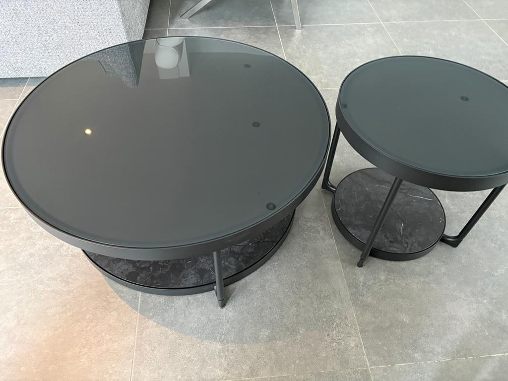 Salontafel zwart met glas en marmerlook, Ophalen, Gebruikt, Rond, Glas
