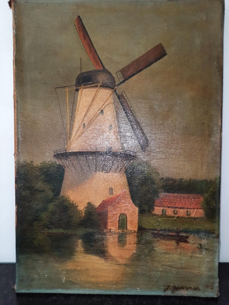 schilderij J. Yperman 1913 molen De Hoop Middelburg Zeeland, Antiek en Kunst, Verzenden