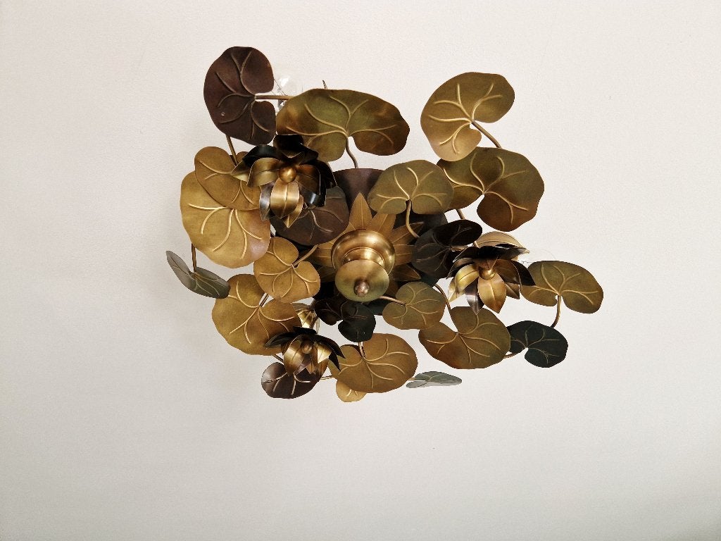 Hollywood Regency koperen plafondlamp met bloemen, 1970-80, Antiek en Kunst, Antiek | Verlichting, Ophalen of Verzenden