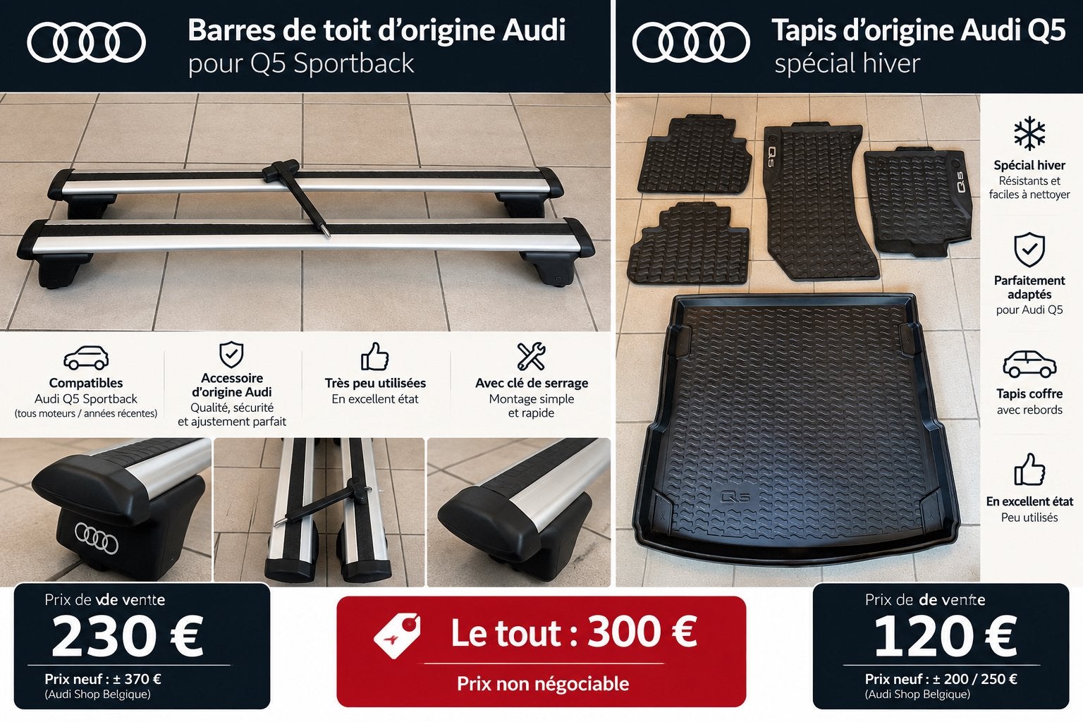 Audi Q5 Sportback – Barres de toit + tapis hiver d’origine, Enlèvement, Comme neuf