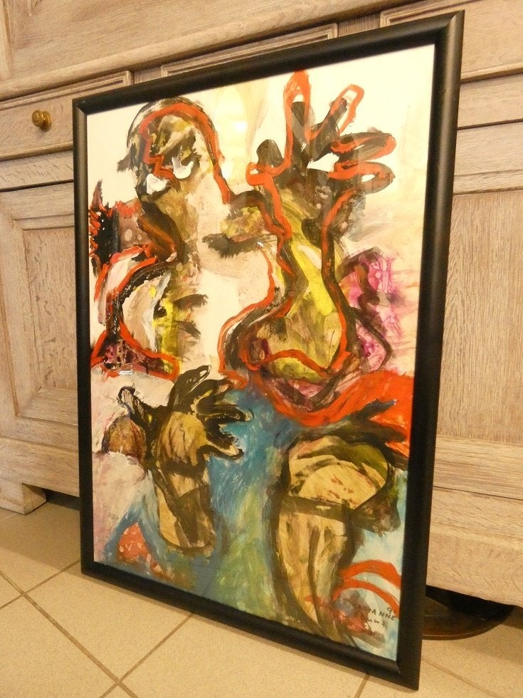 Marianne Rouws (1943). techniques mixtes, Antiquités & Art, Art | Peinture | Moderne, Enlèvement, Verre, Sous verre, Technique mixte