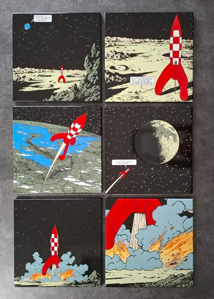 Kuifje raket naar de maan 6 emaillen decaratie borden tintin, Verzamelen, Ophalen of Verzenden, Zo goed als nieuw, Reclamebord