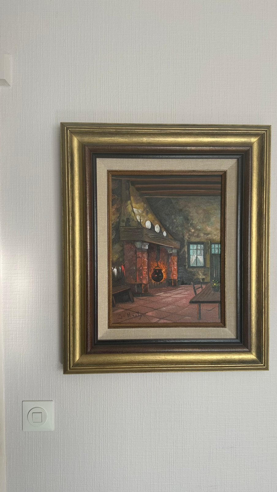 Peinture à l'huile vintage « Intérieur rustique » — Signée, Peinture à l'huile, Signé, Enlèvement, Toile