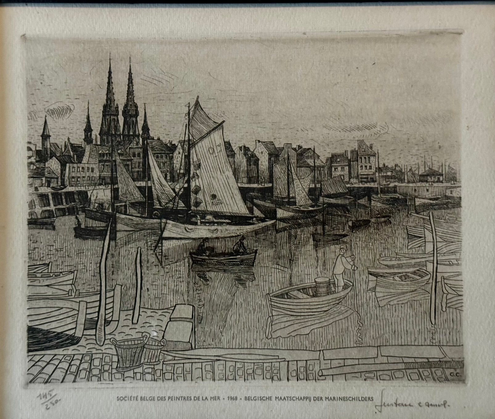 Originele ets Gustave Camus-Port d'Ostende 66, Antiek en Kunst, Kunst | Etsen en Gravures, Ophalen of Verzenden, Ets, Genummerd