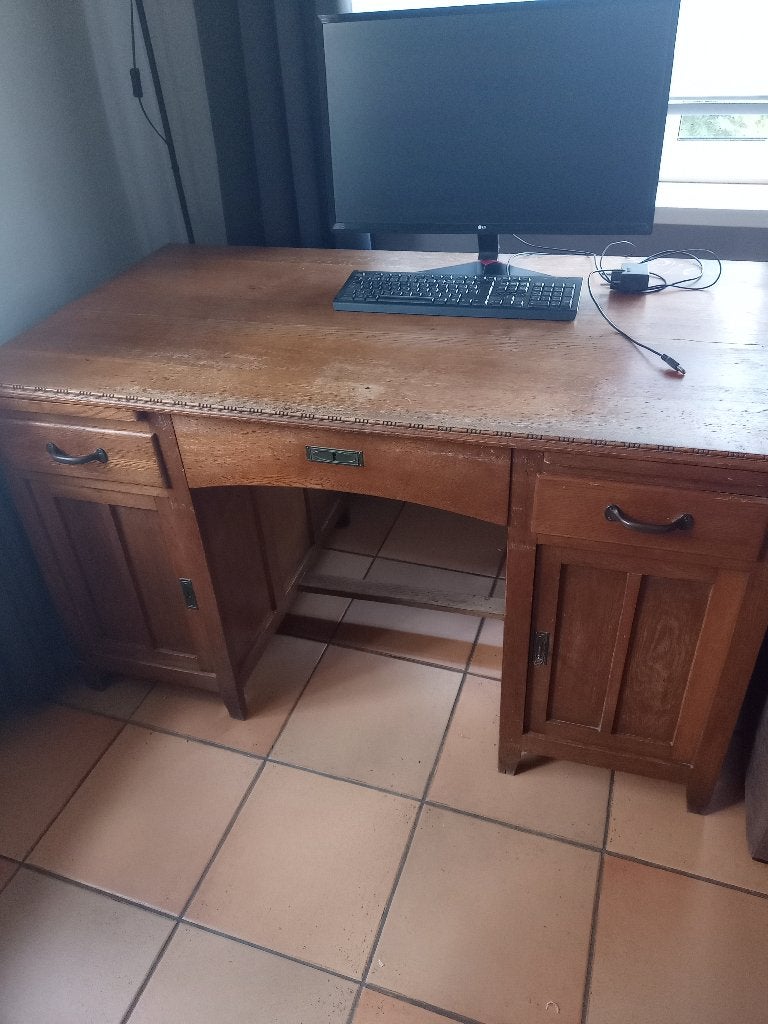 Eikenhouten vintage bureau, Ophalen, Met lades, Gebruikt, Hout