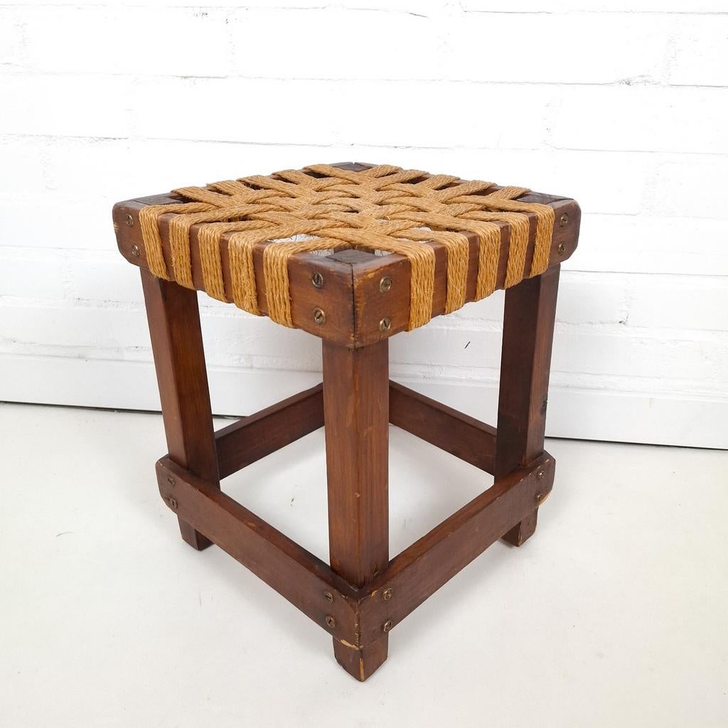 Vintage brutalist krukje touw zitting / hout jaren 50/60, Antiek en Kunst, Ophalen of Verzenden
