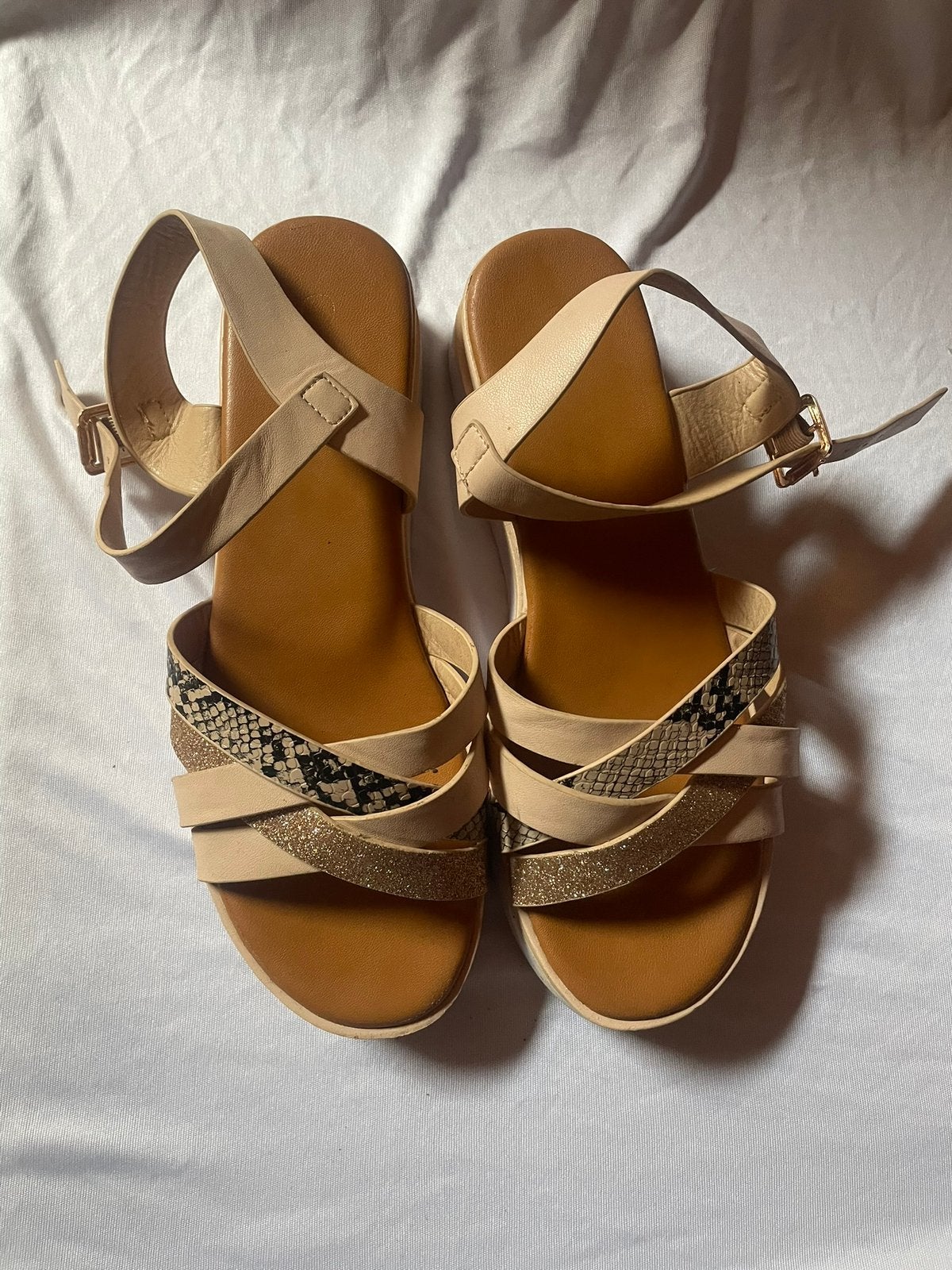 Platform Sandalen Nude Slangenprint Glitter, Kleding | Heren, Schoenen, Sandalen, Overige kleuren, Verzenden, Zo goed als nieuw