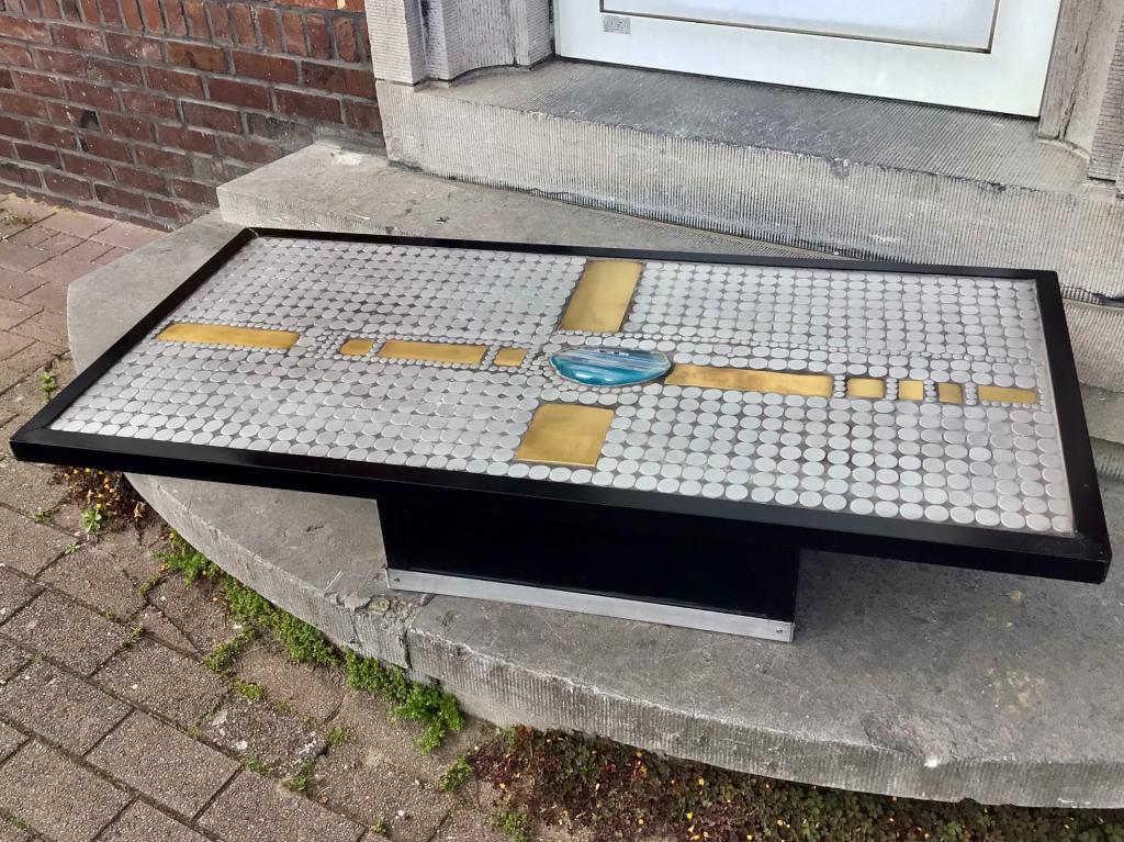 Vintage salontafel metaal messing agaat inleg, Ophalen, Gebruikt, Metaal