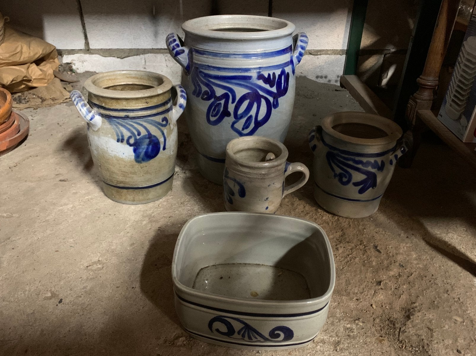 Set van 5 oude blauwe bloem potten aardewerk, Ophalen of Verzenden