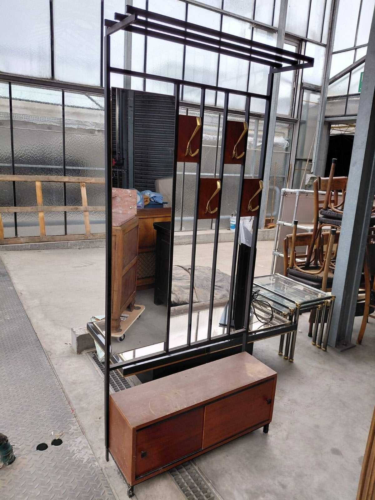 Vintage kapstok vestiaire met spiegel & kastje | Mid-Century, Ophalen of Verzenden, Gebruikt, Wandkapstok, 150 tot 200 cm