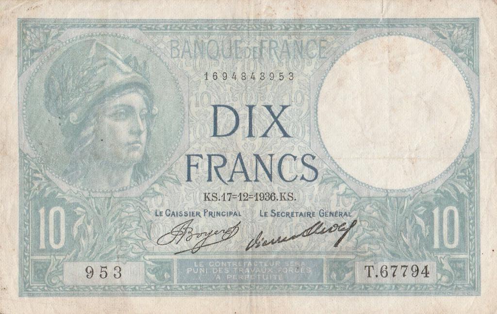 10 frank 17-12-1936 Frankrijk, Postzegels en Munten, Bankbiljetten | Europa | Niet-Eurobiljetten, Los biljet, Frankrijk, Ophalen of Verzenden