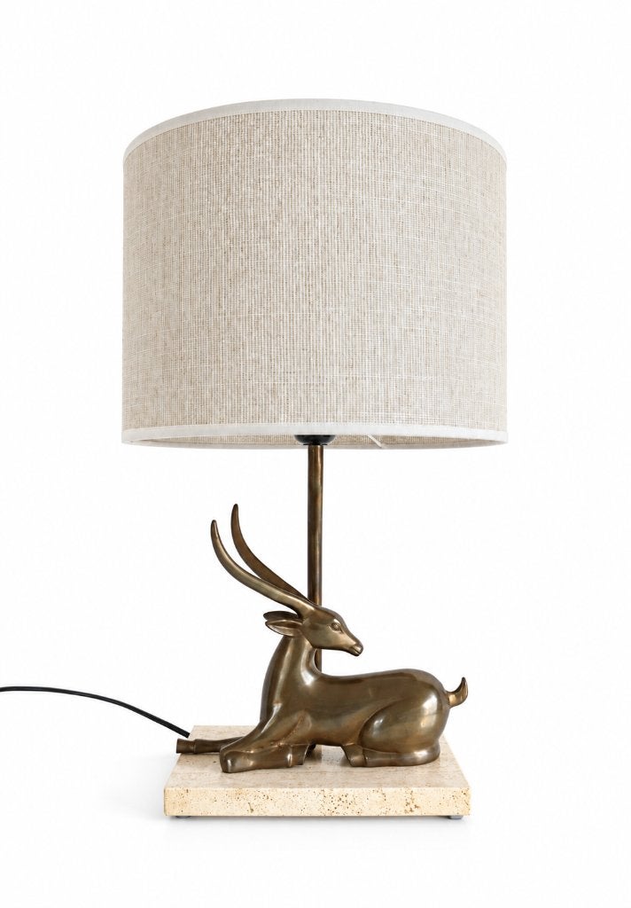 Vintage Tafellamp Antelope Brass Travertijn - Messing Lamp, Antiquités & Art, Enlèvement ou Envoi