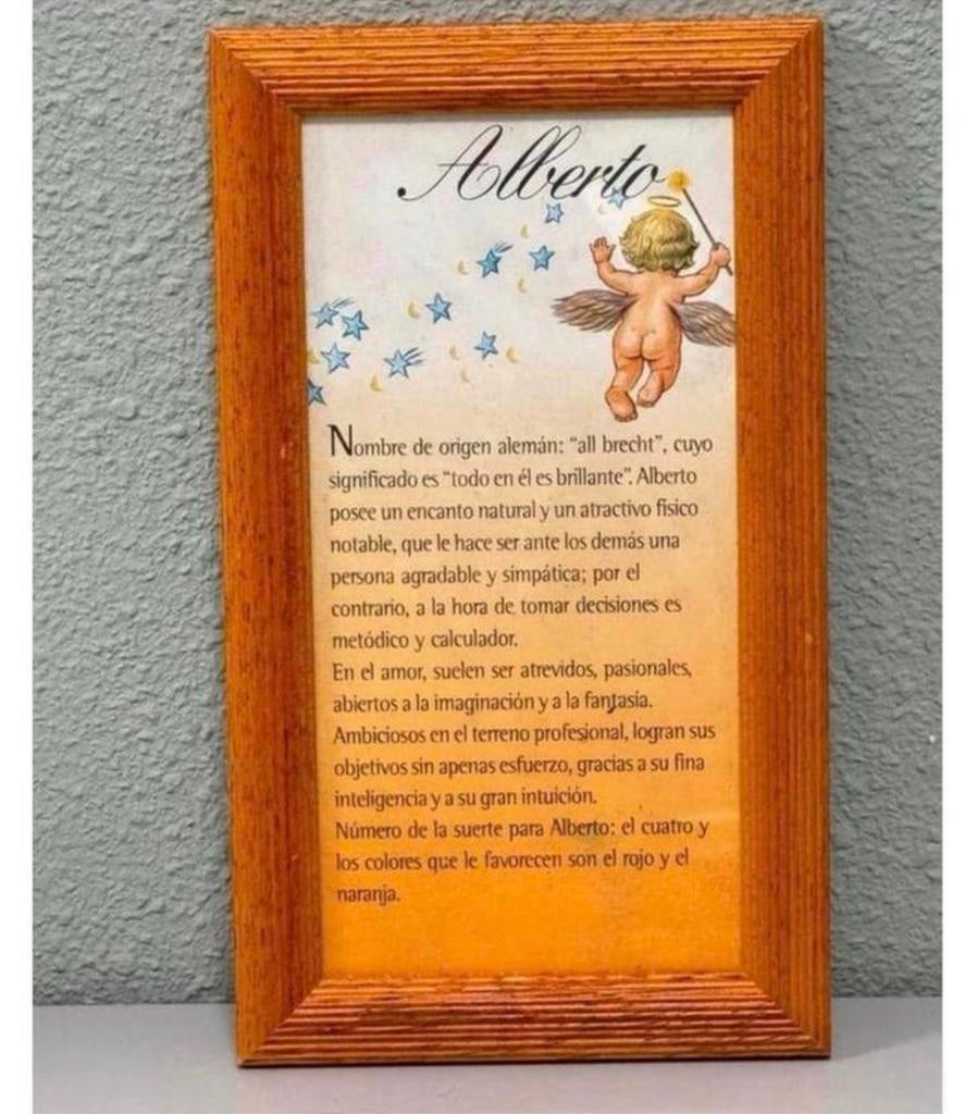 Texte espagnol ALBERTO dans un cadre avec un ange vintage, Enlèvement ou Envoi, Comme neuf