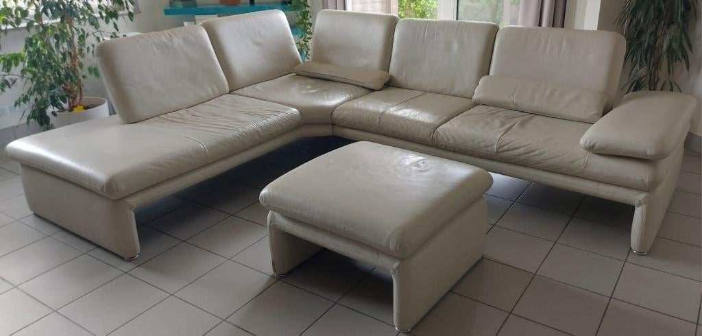 zitbank verstelbaar in gebroken wit leder, Enlèvement, Utilisé, 150 cm ou plus, 250 à 300 cm