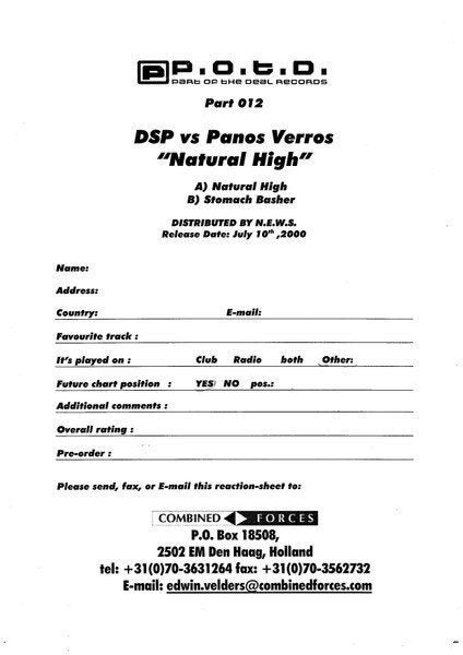 DSP vs. Panos Verros - Natural High, Promo, Enlèvement ou Envoi, 12 pouces, Trance