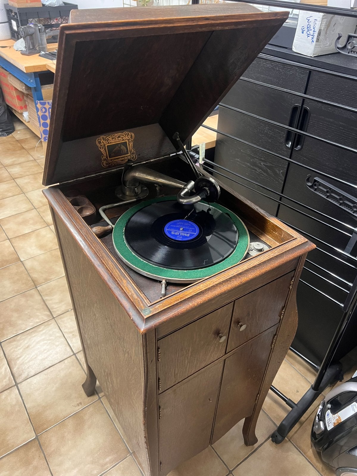 Prachtige antieke His Master's Voice platenspeler werkend!, Enlèvement