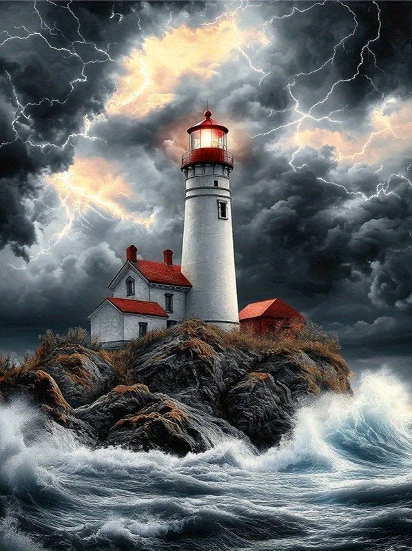 50x40cm Diamond Painting vuurtoren in storm (vierkant) nr 16, Zee en Strand, Verzenden, Nieuw, Meerkleurig