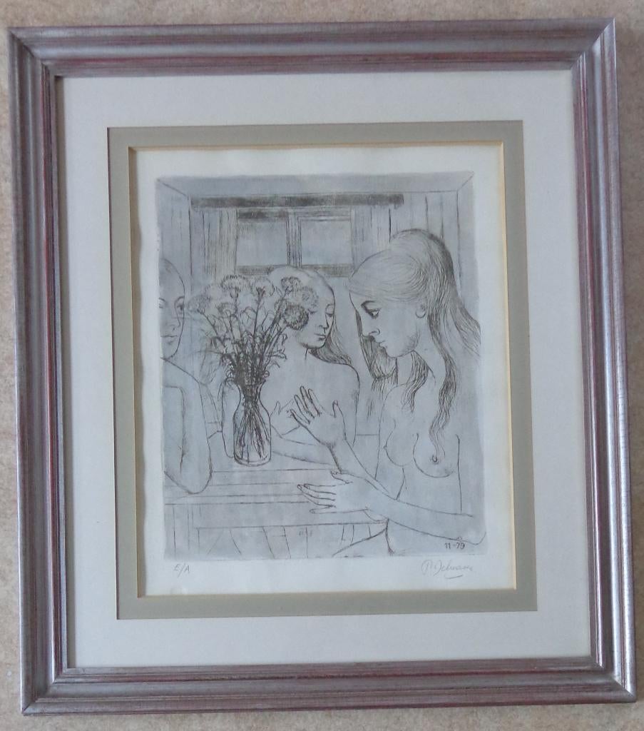 PAUL DELVAUX / LES OEILLETS / ZW-W ETS / 83x74cm / KADER SIG, Ophalen