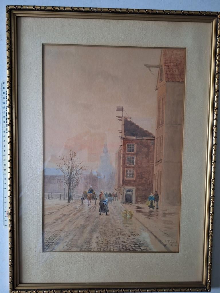Gemengde techniek van Eugène Fehdmer "Antwerpen", Antiquités & Art, Art | Peinture | Classique, Aquarelle, Signé, Enlèvement, Paysage urbain / rural