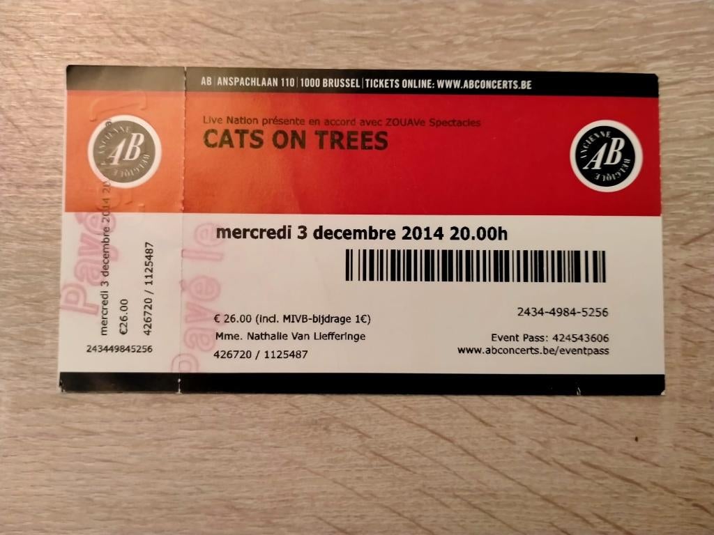 Ticket de concert Cats on Trees@AB Bruxelles 3/12/14, Enlèvement, Utilisé, Autres types