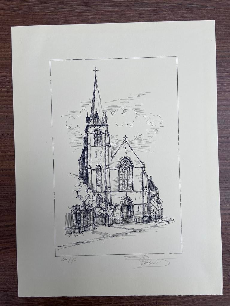 Tekening Kerk Machelen V. Verbiest 1990, Ophalen of Verzenden