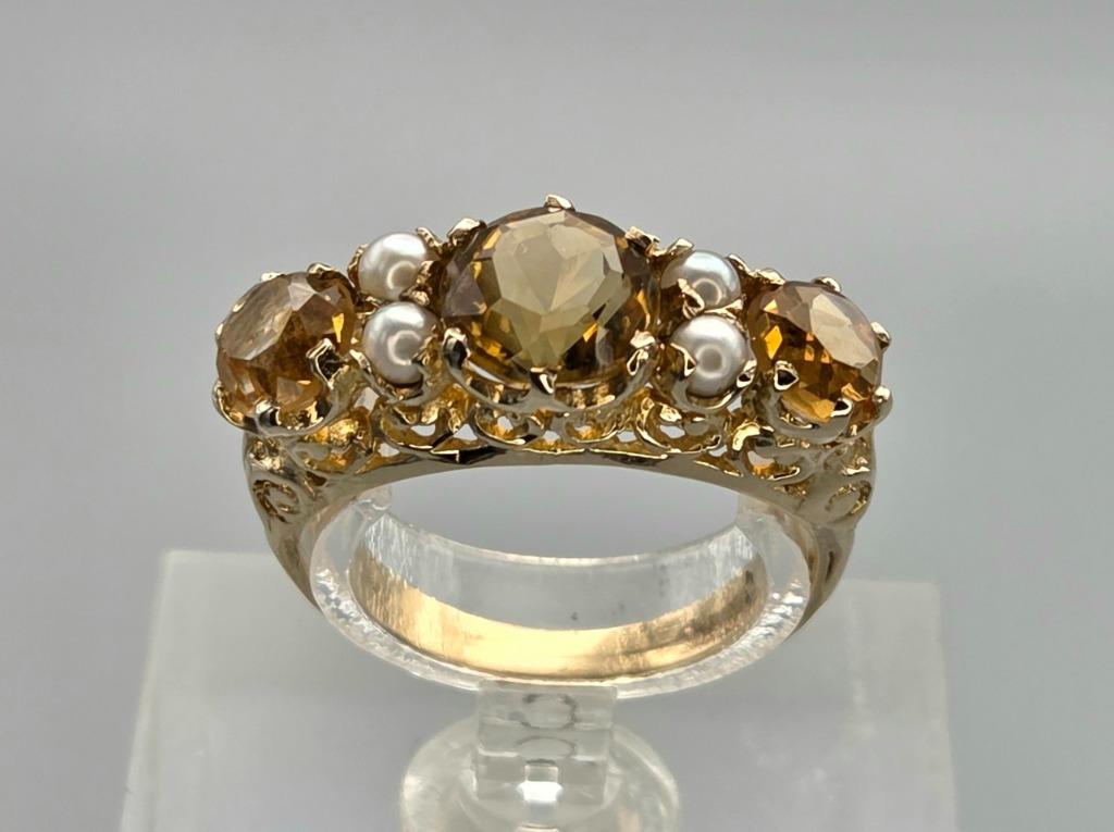 GoudenVintage ring met edelsteen citrien en parel. 2025/593., Bijoux, Sacs & Beauté, Bagues, Jaune, Plus petit que 17, Comme neuf