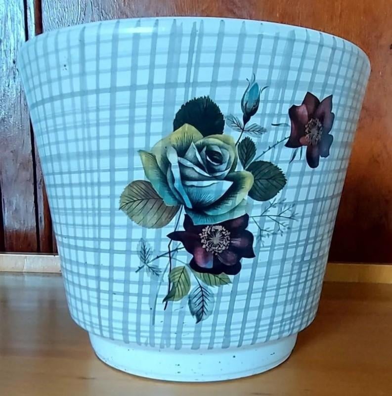 Pot de fleur vintage roses et carreaux, Enlèvement ou Envoi