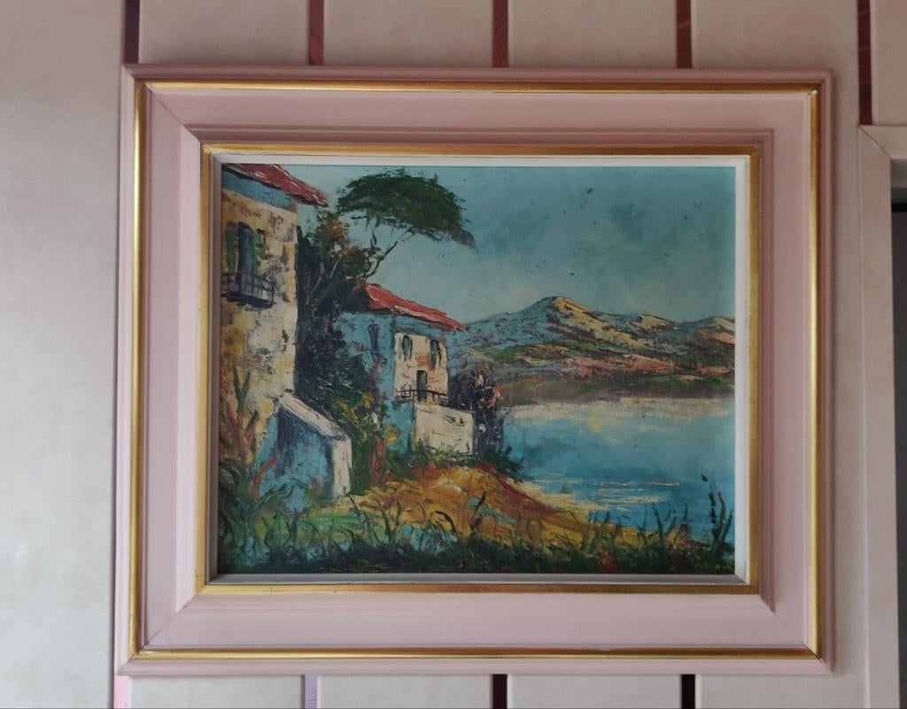 Schilderij met huisjes aan zee, Ophalen of Verzenden