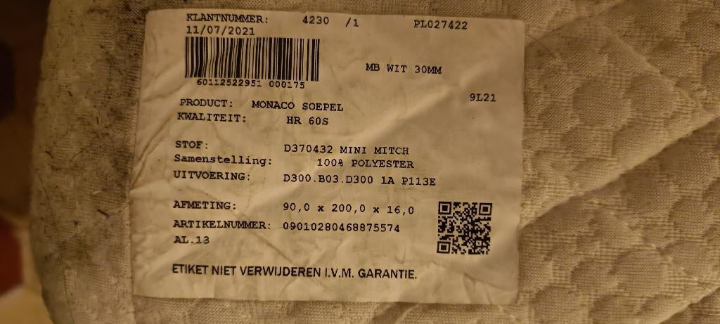 Matras 1 Persoon, Ophalen, Gebruikt, 90 cm, Eenpersoons