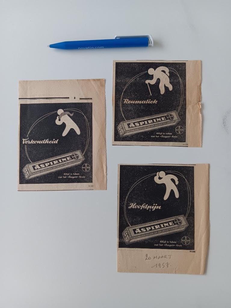 3 anciennes coupures de journaux Aspirin Bayer 1957, Enlèvement ou Envoi, Utilisé, Autres types
