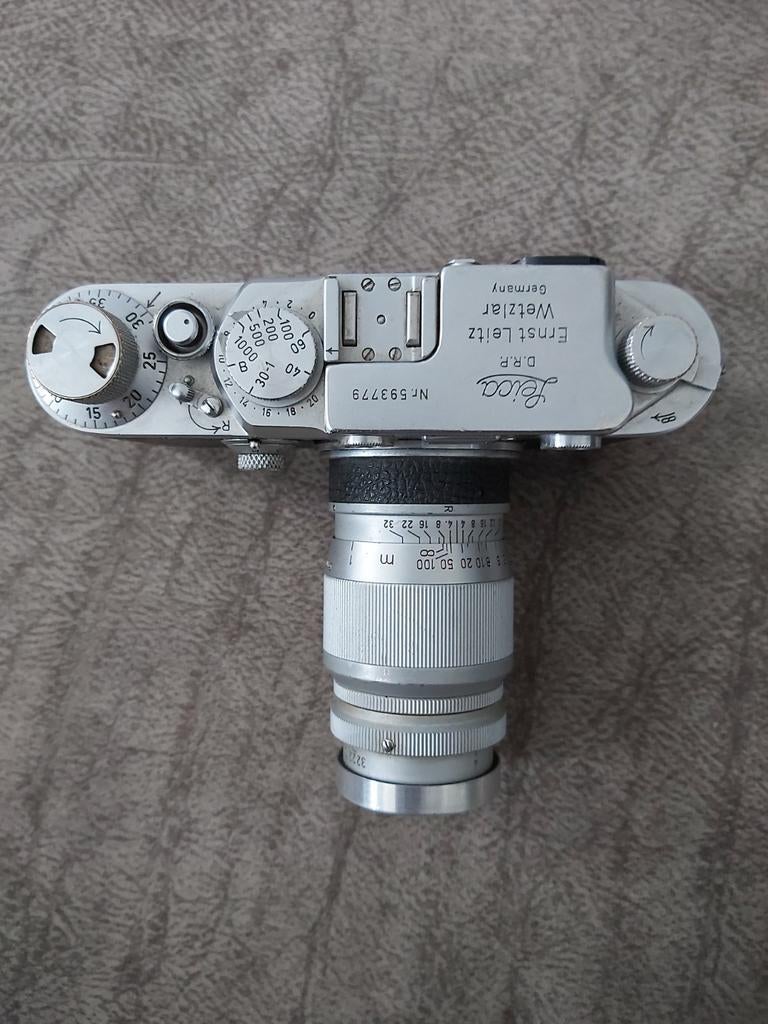Leica IIIf 1951-52 met Leitz Elmar 90mm f4 lens, Verzamelen, Ophalen of Verzenden, 1940 tot 1960, Fototoestel