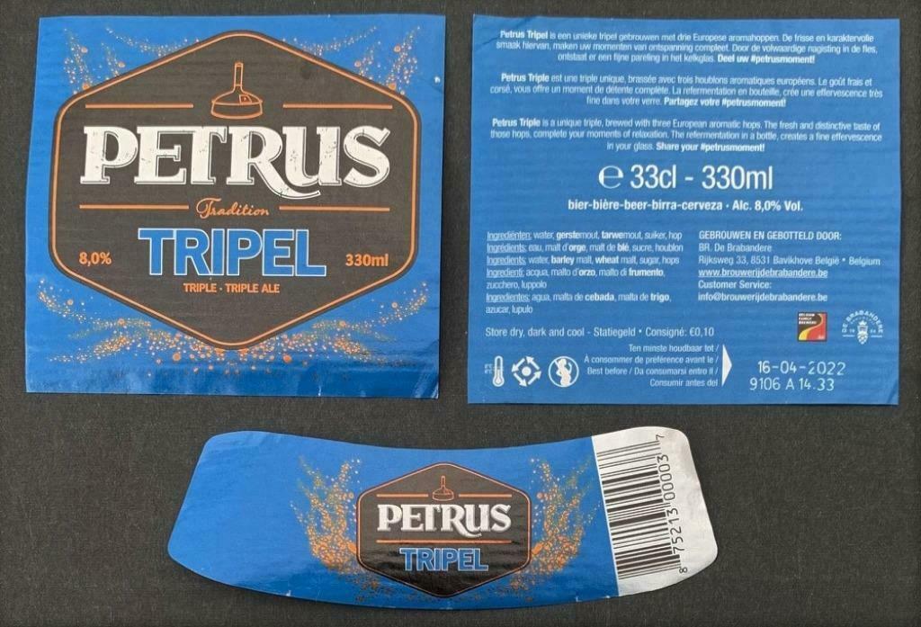 Bieretiket Petrus Tripel Brouwerij De Brabandere (2y8), Verzamelen, Biermerken, Ophalen of Verzenden, Gebruikt, Overige typen
