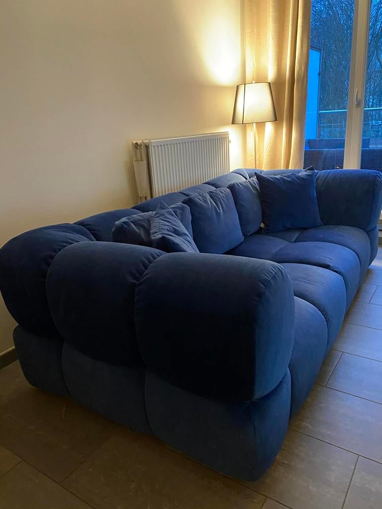 Kobaltblauwe zetel 2,5 zit + poef, Ophalen, Gebruikt, Driepersoons, 75 tot 100 cm