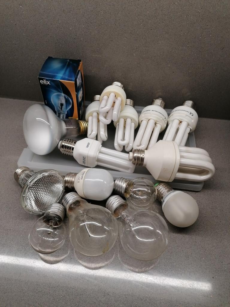 Lot lampen met brede soquet E27. Spaarlamp, gloeilamp., Enlèvement ou Envoi, Utilisé, Ampoule