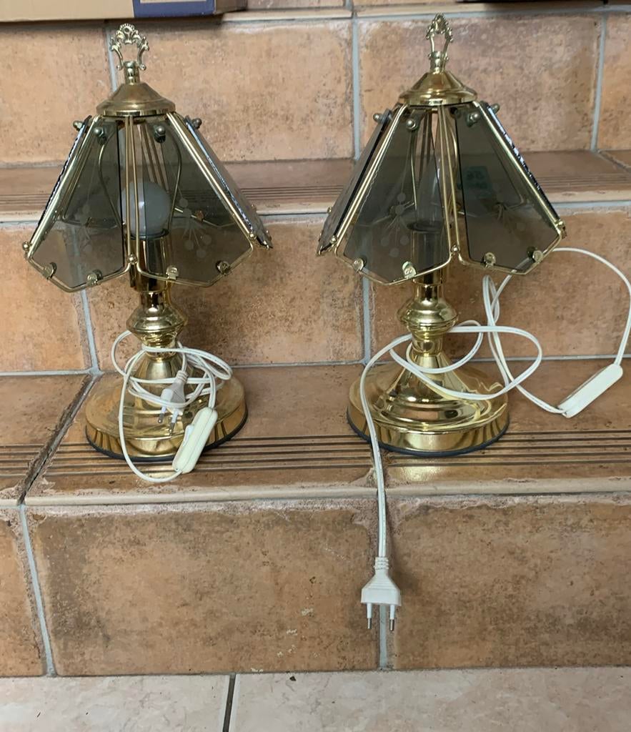 2x vintage messing tafellamp met een glazen kap, Ophalen, Gebruikt