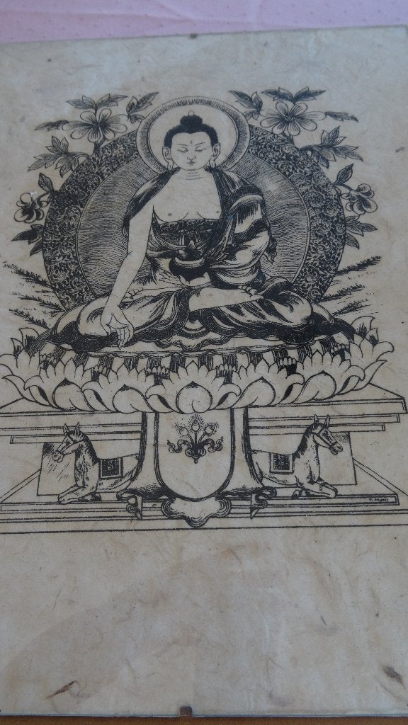 IMAGE DE BOUDDHA SUR PAPIER PARCHEMIN, Enlèvement, Dessin, Sous verre