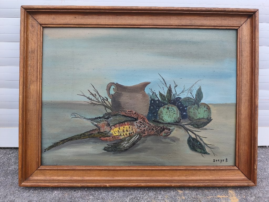 Huile sur panneau nature morte signe dorpo r, Antiquités & Art, Enlèvement ou Envoi, Nature morte, Panneau