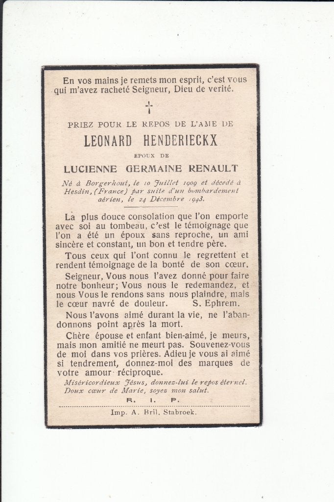 Slachtoffer WO II - Borgerhout - luchtaanval Hesdin 1943, Collections, Images pieuses & Faire-part, Envoi, Image pieuse