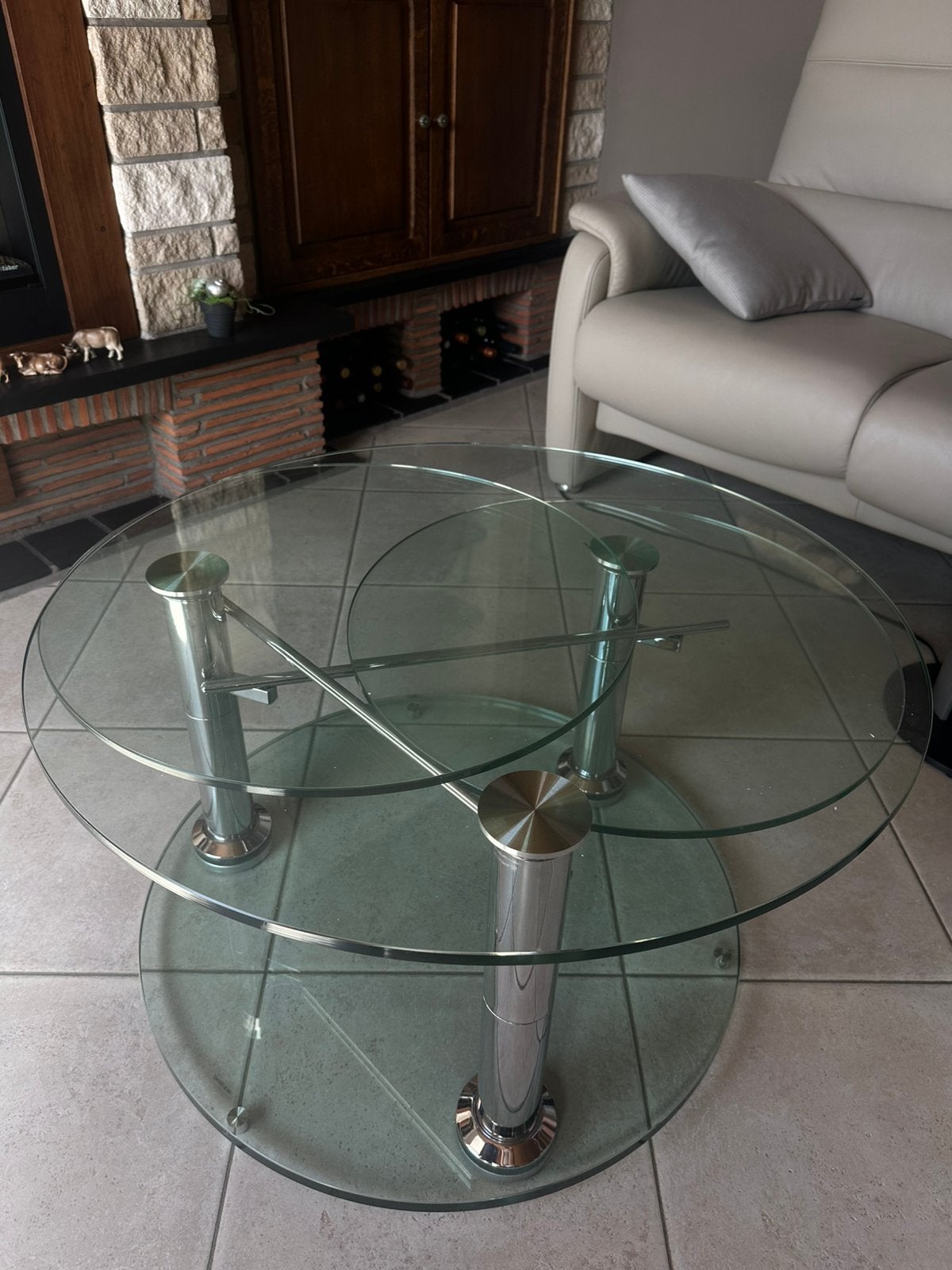 Design glazen salontafel, Huis en Inrichting, Tafels | Salontafels, Ophalen, Zo goed als nieuw, Rond, Glas